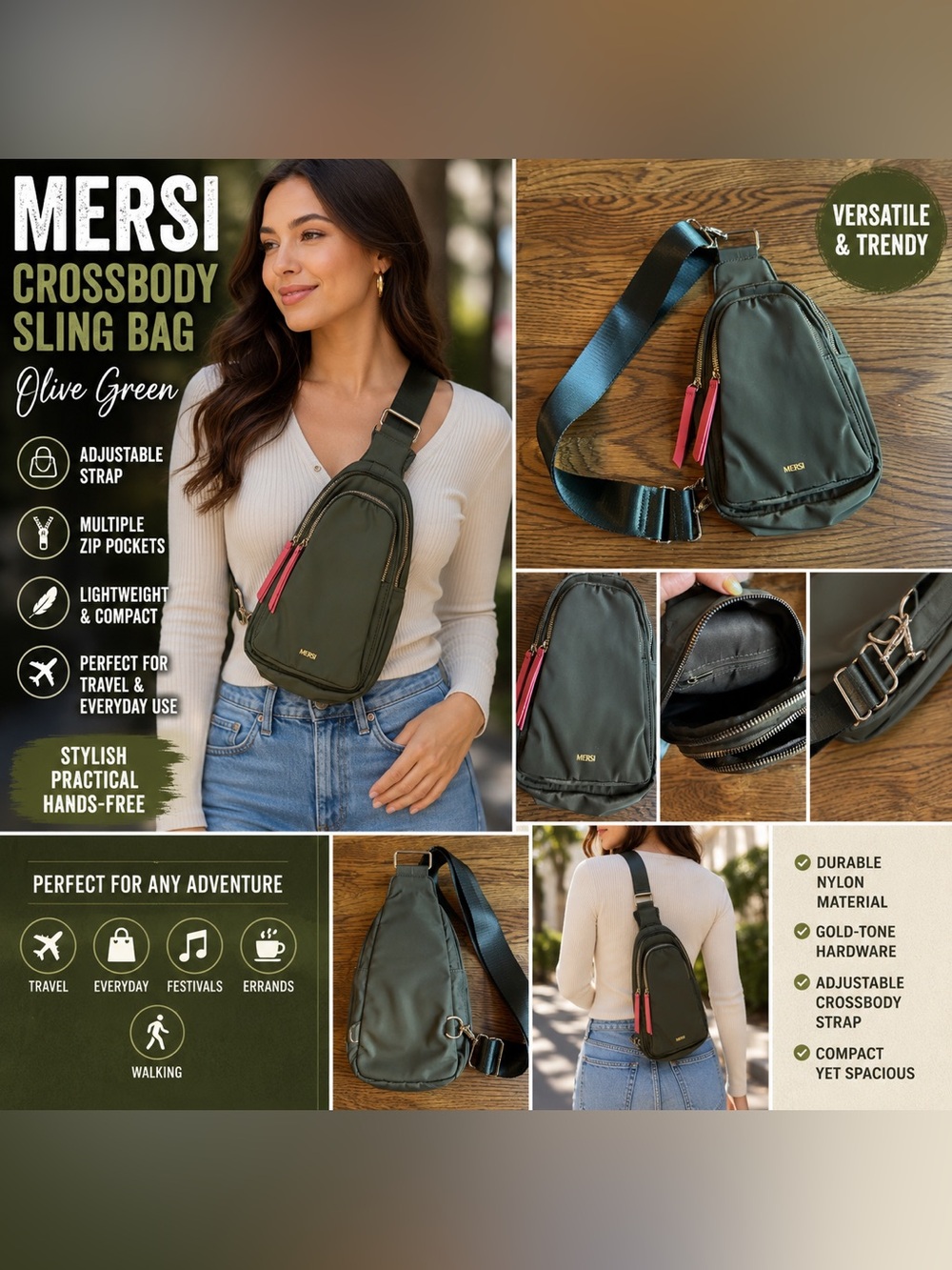 Mersi Olive Green Nylon Sling Bag Crossbody Chest Bag Adjustable Strap
